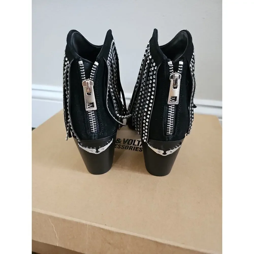 Zadig & Voltaire Molly Strass Crystal Fringe Ankle Boots Black Suede $568, Sz 36